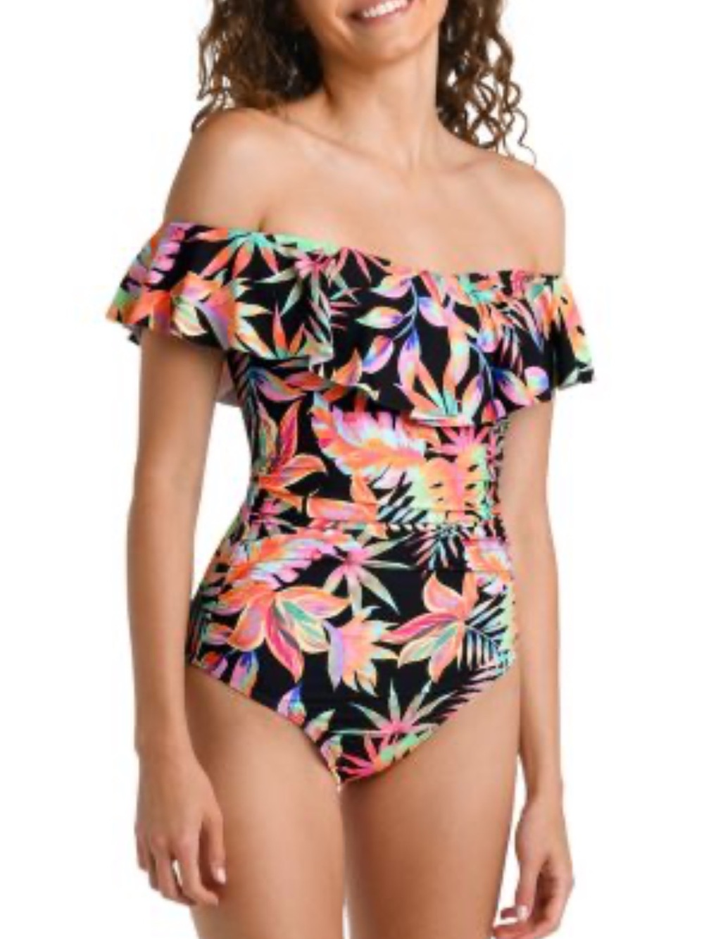 La Blanca Black One-Piece Off-Shoulder Swimsuit with Neon Floral Print, Sz 4 NWT